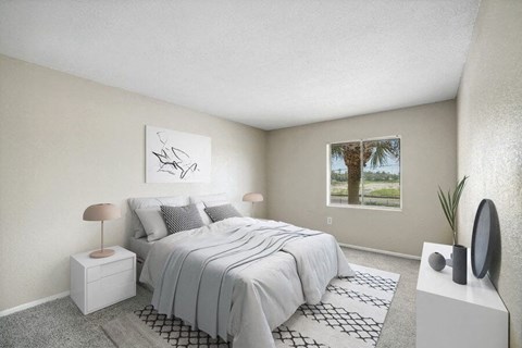 Model bedroom with plush carpeting