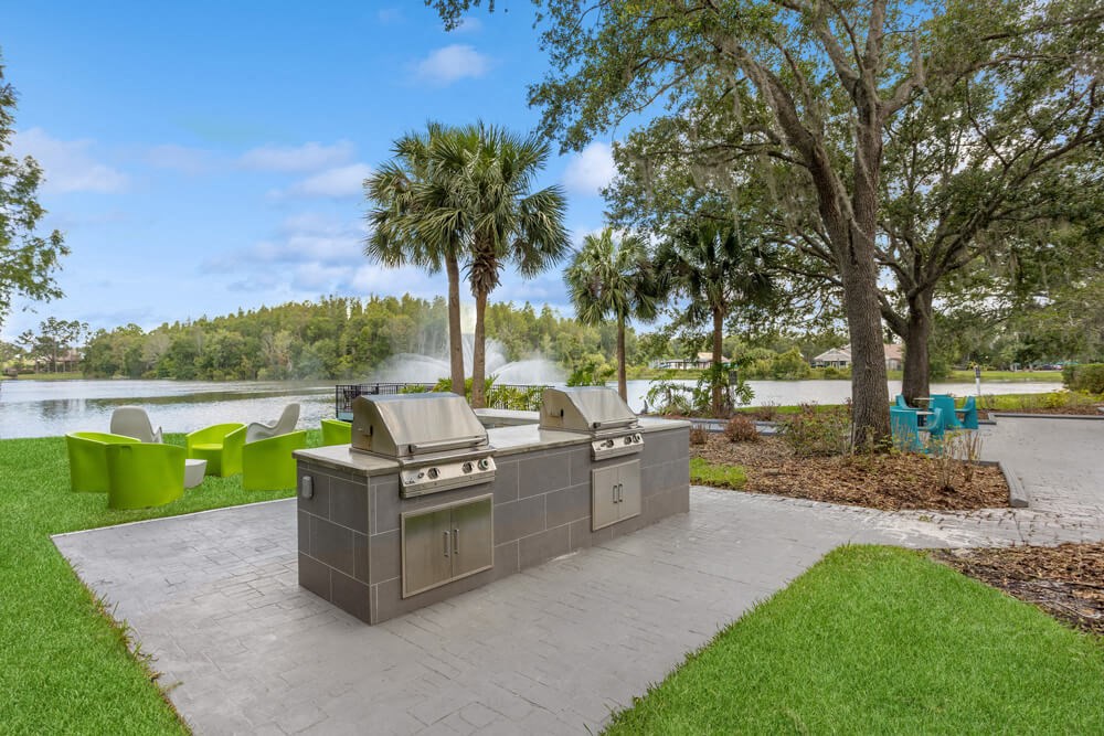 Outdoor grilling area with lake views