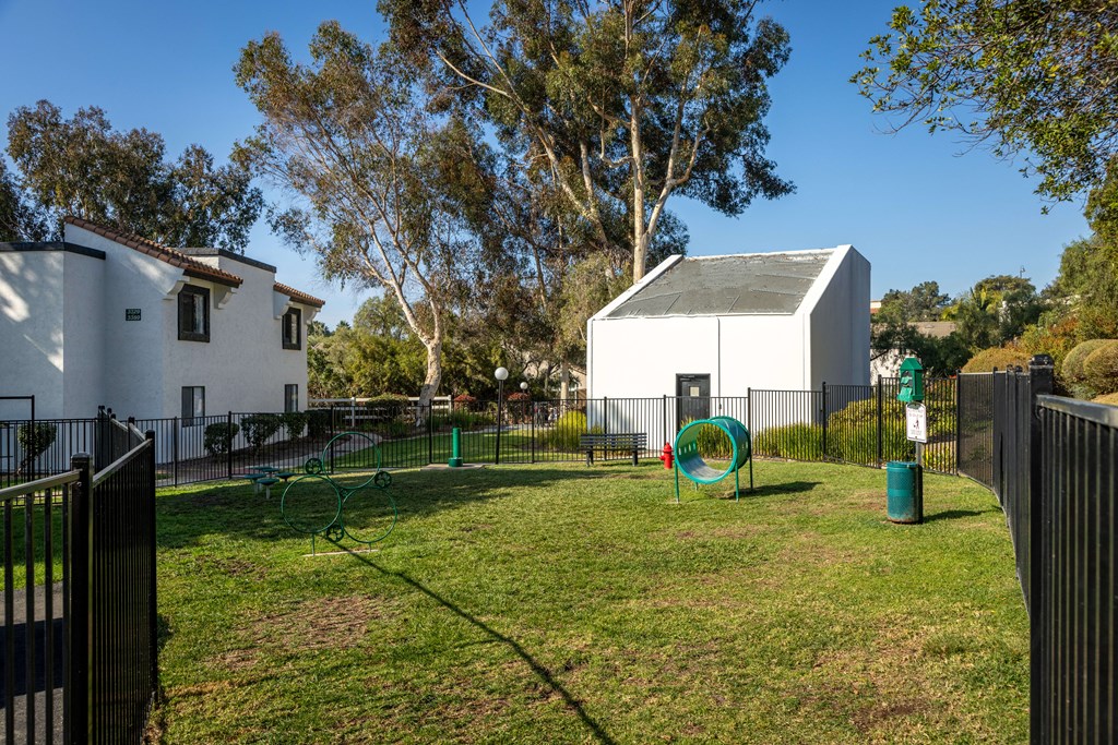 Community Dog Park with Agility Equipment at Santa Fe Ranch Apartments located in Carlsbad, CA.