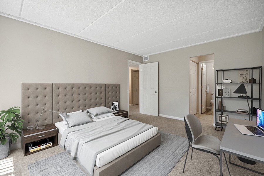 Model Bedroom with Carpet & Walk In Bathroom at Elevate on Parkway, Burnsville, 55337