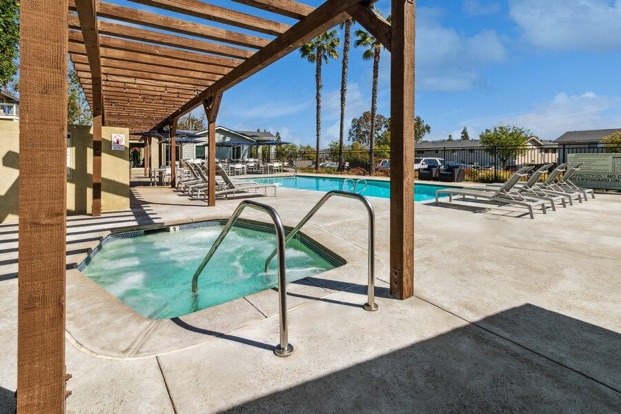 Community Hot Tub and view of Pool at Forest Park Apartments in El Cajon, CA.