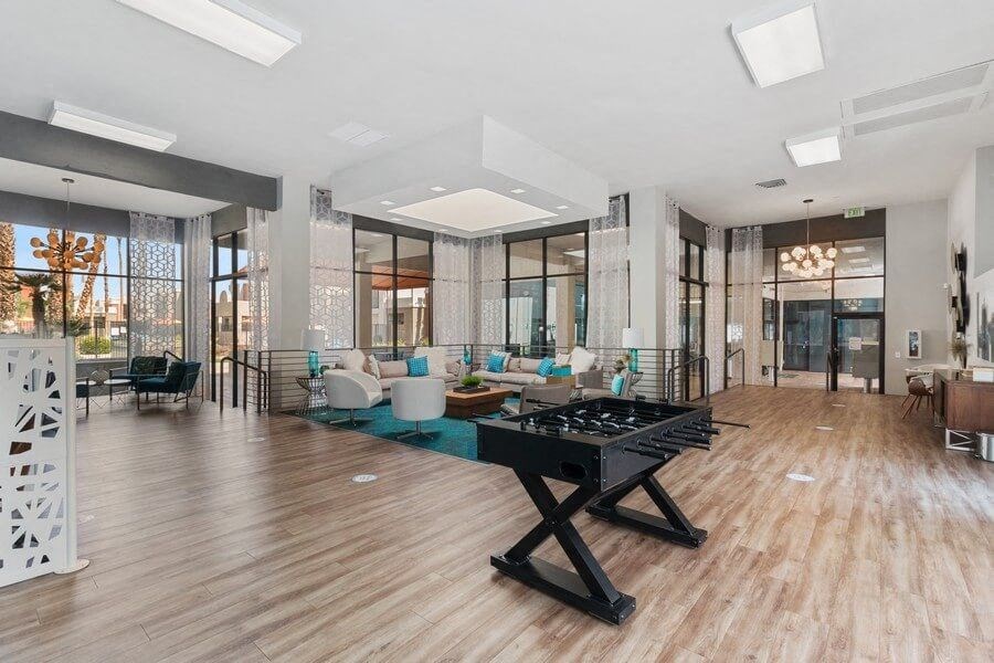 Clubhouse lobby and lounge area with game tables