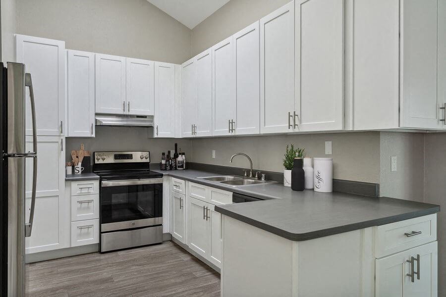 Model kitchen with stainless steel appliances