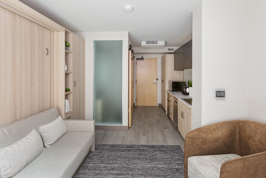 Model living room space with couch