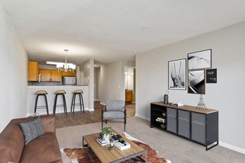 Model living area near kitchen