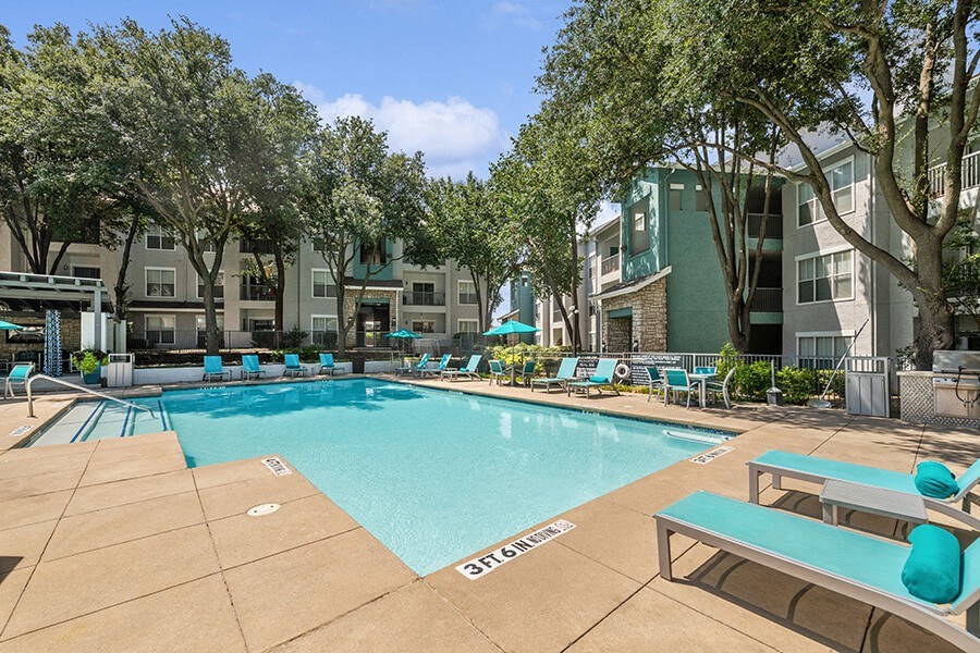 Community Swimming Pool with Pool Furniture at Essence Apartments in Dallas, TX.