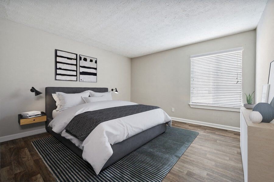 Model bedroom with queen-size mattress