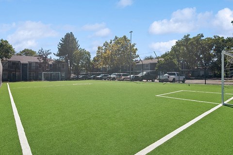 Community Soccer Field with Nets at Overlook Apartments located in Salt Lake City, UT.