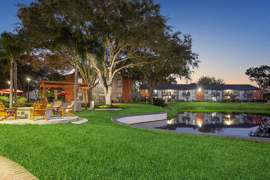 Community Pond and Walking Path at Bridges at Bayside Apartments in St. Petersburg, FL.