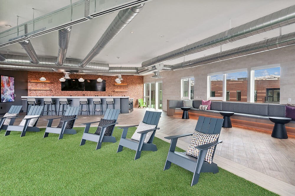 Convertible indoor/outdoor resident lounge at Post District Residences in Downtown Salt Lake City, Utah