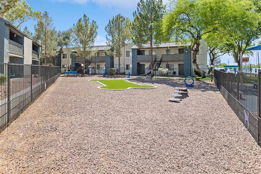 Community Dog Park with Agility Equipment at Solano Springs Apartments in Tucson, AZ.