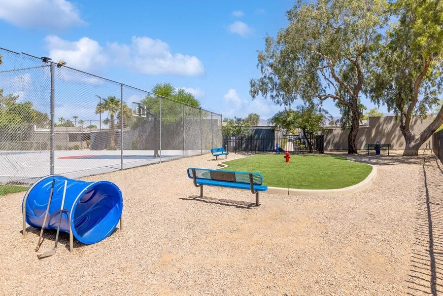 Community Dog Park with Agility Equipment at Lakeside Casitas Apartments in Tucson, AZ.