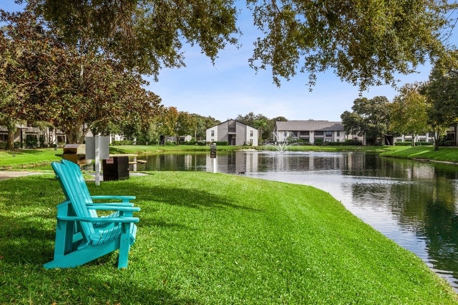 Lounge chairs on pond