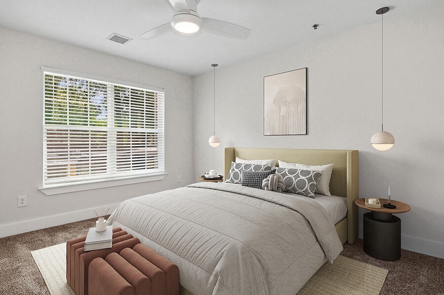 Model Bedroom with Carpet and Window View at Park at Caterina Apartments located in Charlotte, NC.