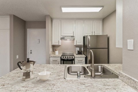 a kitchen with a sink and a stainless steel refrigerator