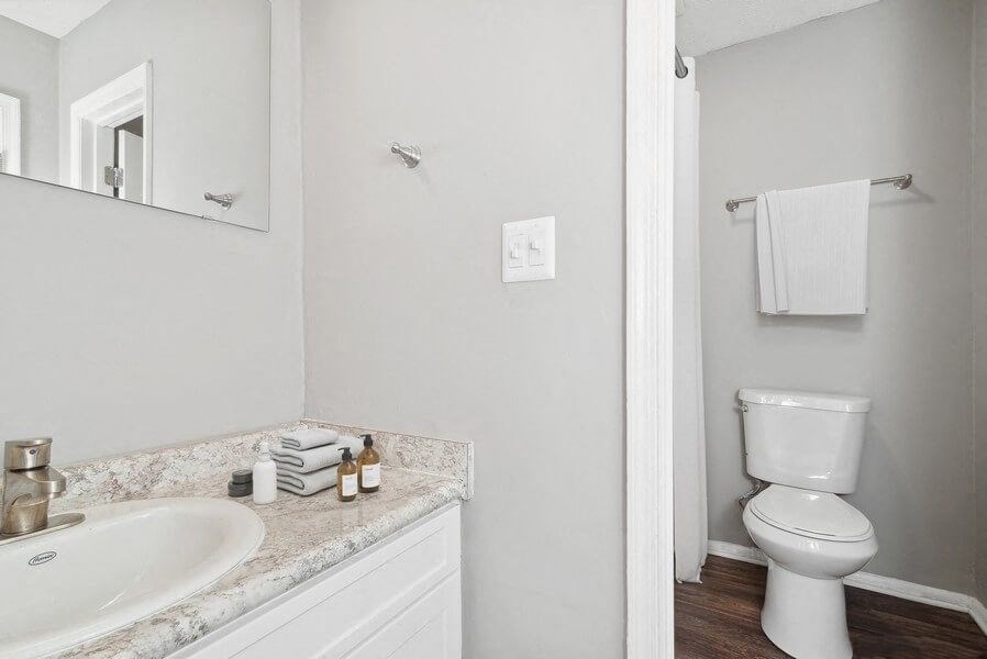 Model bathroom with white vanity