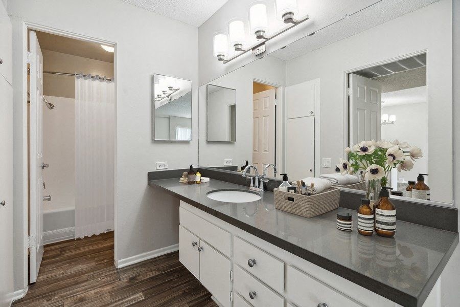 Model bathroom with large vanity