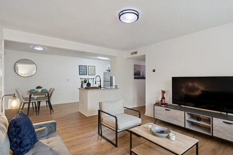 A modern living room with a grey sofa, a wooden coffee table, a flat screen TV, and a dining table with chairs.