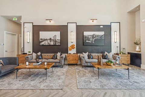 Community Clubhouse with Lounge Furniture at Alta 3Eighty Apartments located in Aubrey, TX.