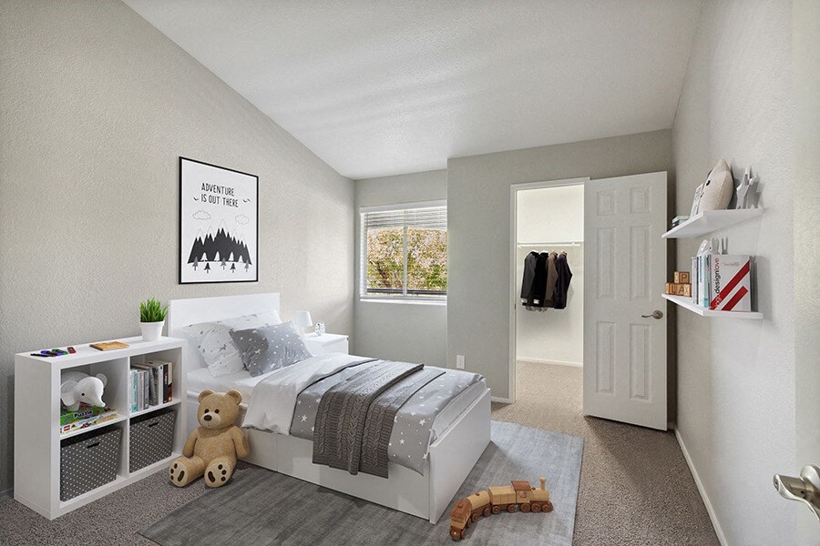 Model Bedroom with Carpet & Walk in Closet at Verraso Apartments in Las Vegas, NV.