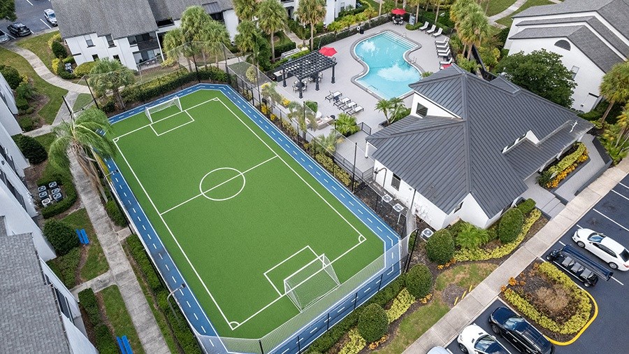 Aerial View of Community Soccer Field with Nets at Rosehill Preserve Apartments in Orlando, FL.