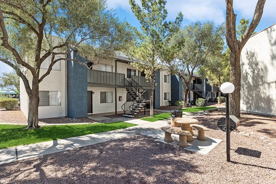 Exterior Community Building and Landscape at Solano Springs Apartments in Tucson, AZ.
