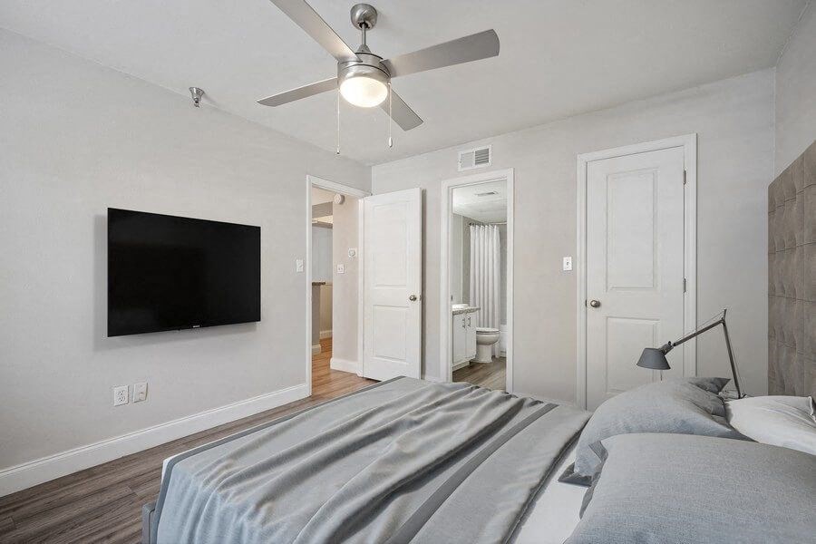 Model bedroom with queen-size bed