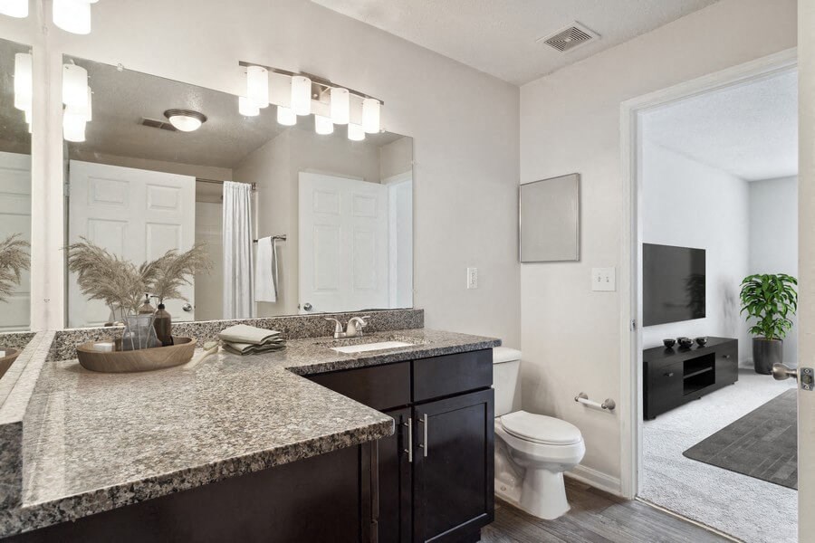 Model bathroom with large vanity