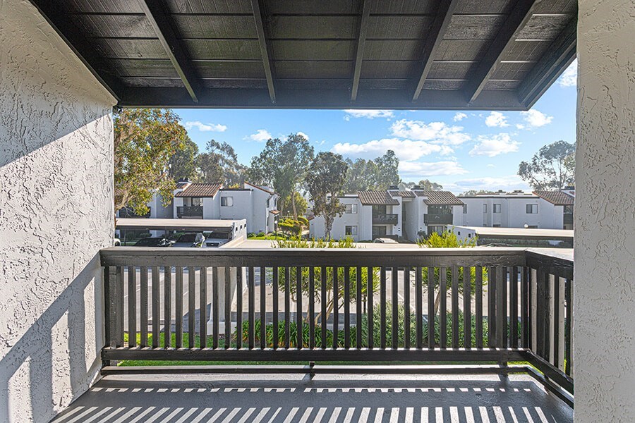Model Exterior Patio at Santa Fe Ranch Apartments located in Carlsbad, CA.