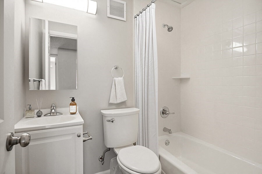 Model Bathroom with Bathtub/Shower, Wood-Style Flooring & White Cabinets at Elevate on Parkway, Burnsville, MN, 55337