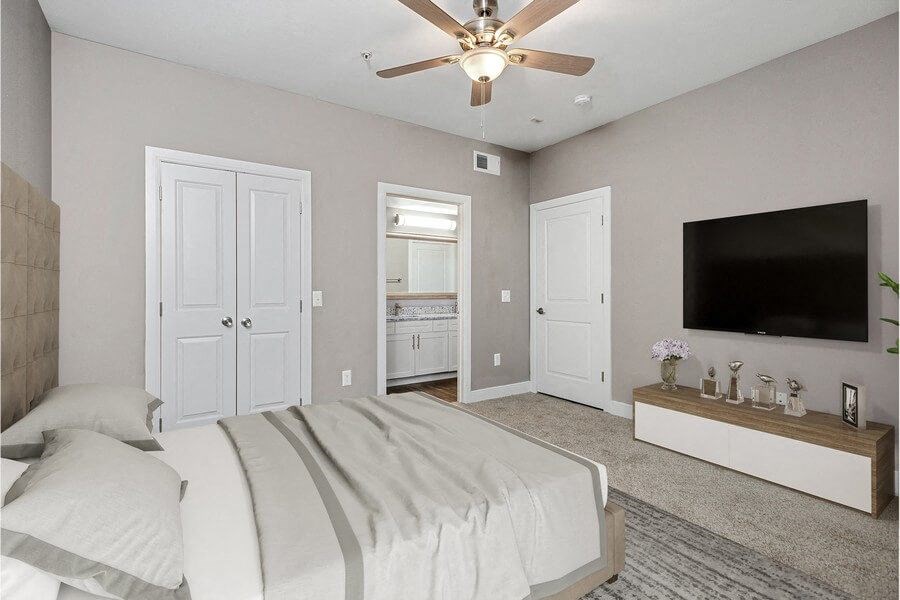 Model bedroom with bathroom