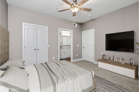 Model bedroom with bathroom