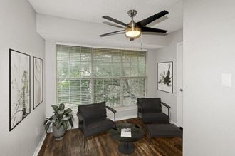 Model living room with large window Model living room with large window