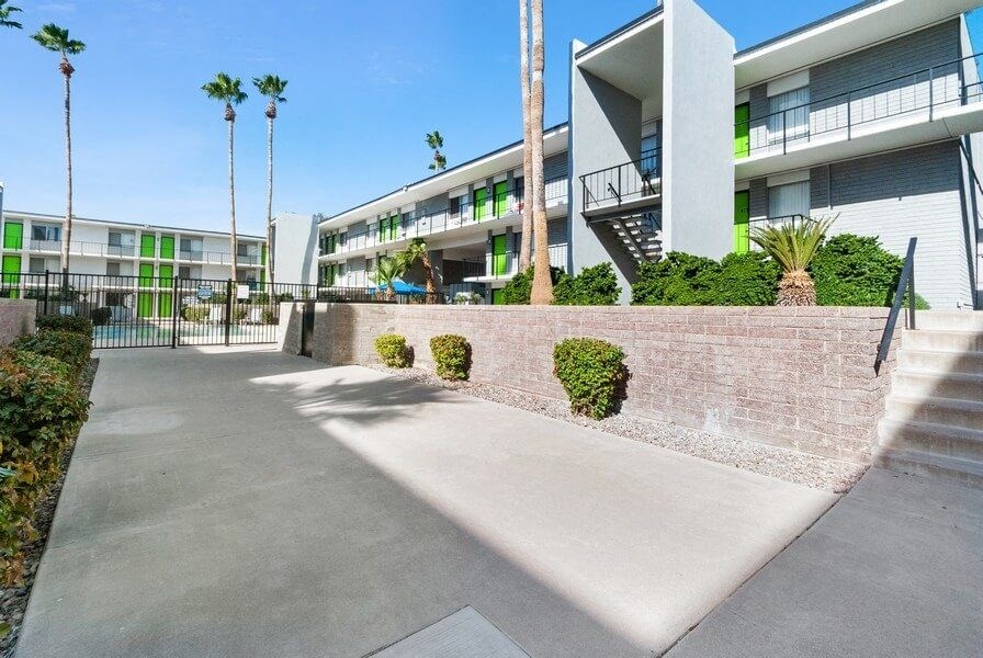 Apartment exterior entrance and landscape