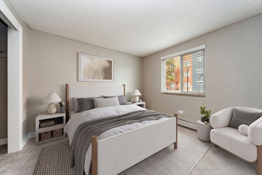 Model bedroom at Esprit Cherry CreekApartments in Glendale, CO