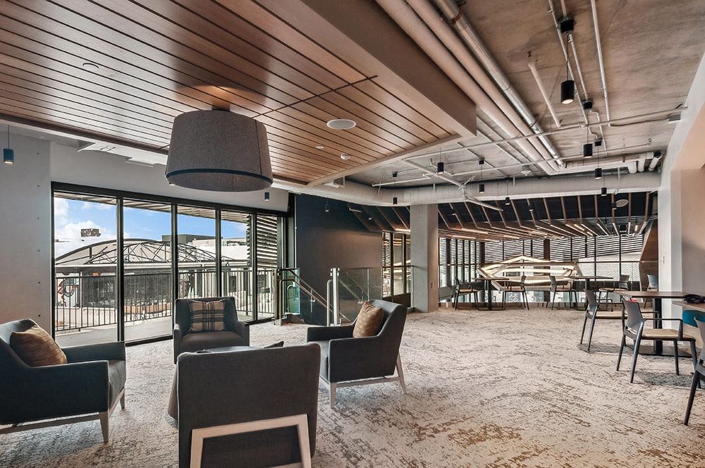 Large open lobby space at Post District Residences in Downtown Salt Lake City, Utah