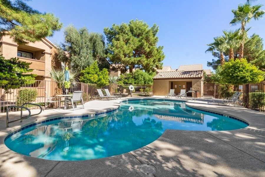 View of pool with trees surrounding