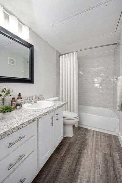 Model bathroom with white vanity
