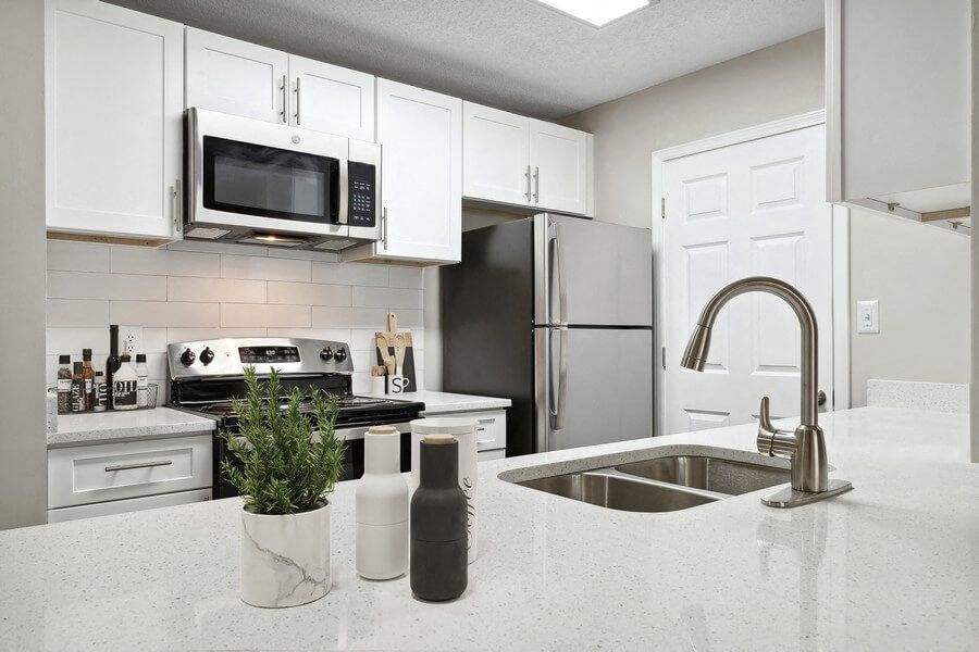 Model Kitchen with White Cabinets at Element 41 Apartments in Marietta, GA.