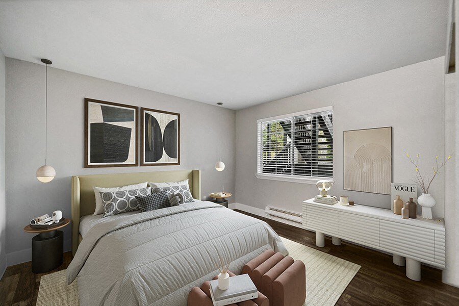 Model Bedroom with Wood-Style Flooring and Window View at Central Flats Apartments in Kent, WA.