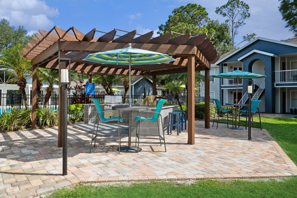Patio with a pergola, tables, and chairs at Retreat at Crosstown Apartments