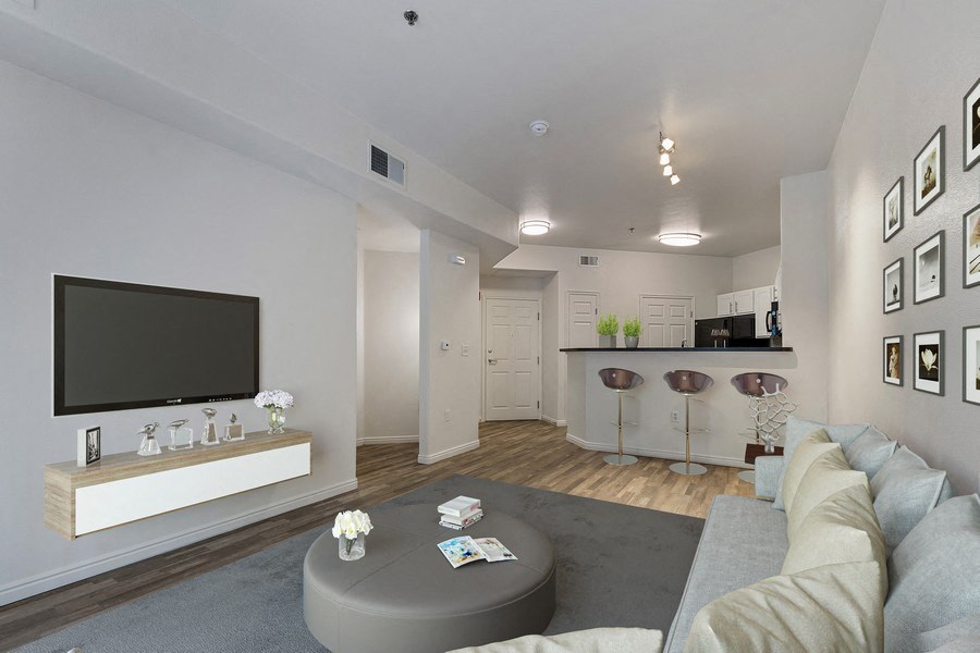 Model living room and kitchen/dining