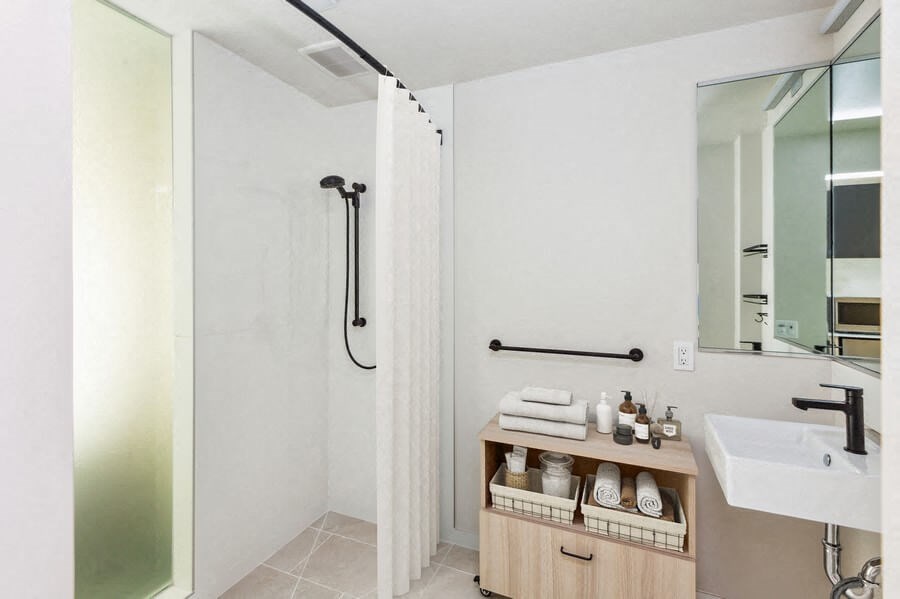 Model bathroom with shower