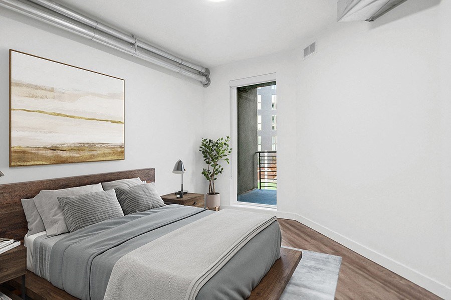 Model bedroom at Post House North located in Post District Residences in downtown Salt Lake City, Utah