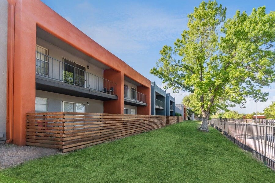 Exterior Community Building and Landscape at Indigo Park Apartments in Albuquerque, NM.