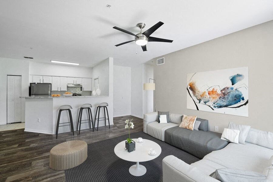 Model living room  and kitchen bar seating