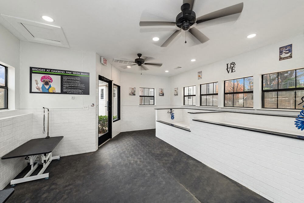 Community Dog Wash Station at Bridges at Oakbend Apartments in Lewisville, TX.