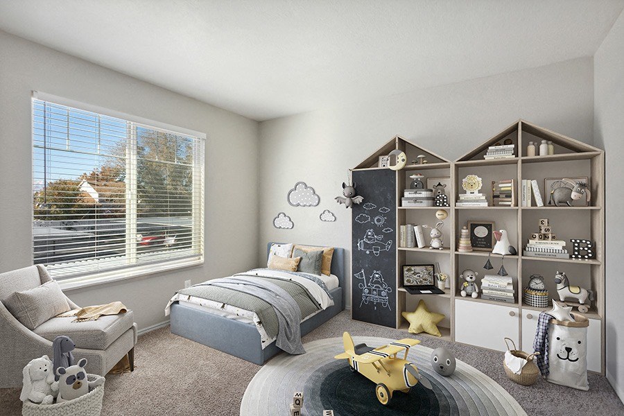 Model Bedroom with Carpet and Window View at Broadmoor Village Apartments in Salt Lake City, UT.
