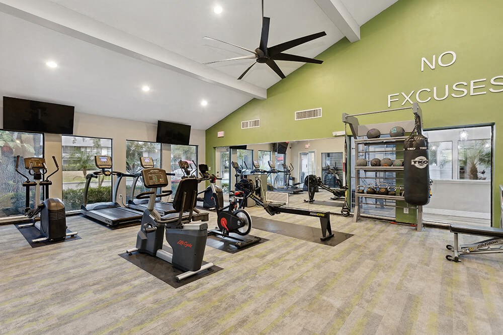 Community Fitness Center with Equipment at Carrollwood Station Apartments in Tampa, FL.