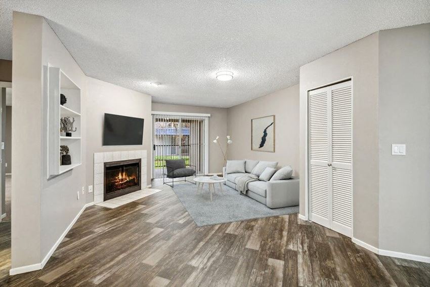 Model living room and fireplace